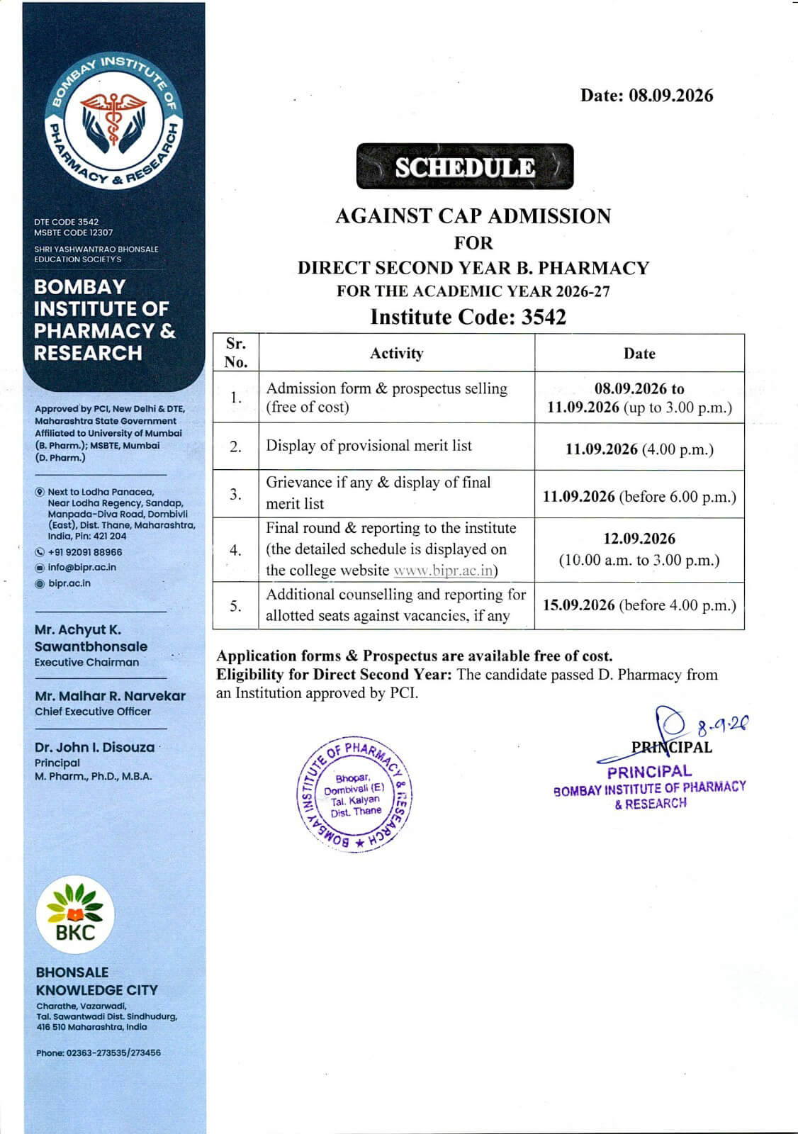 Admission Flyer- Bombay Institute of Pharmacy & Research (BIPR), Dombivli